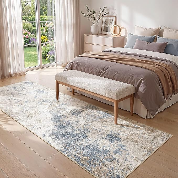 Nakagishi 3x8 Abstract Washable Area Rugs for Entryway-Blue Brown | Modern Non-Slip Silicone Backing Low Pile Soft Carpet for Bedroom Dining Decor for Families with Kids and Pets