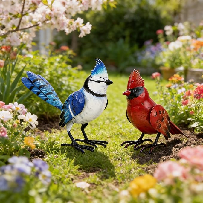 Shorayn Cardinal Decor Garden Statues Metal Bird Yard Art Sculptures,Standing Blue Jay Figurine Outdoor Decoration for Lawn Ornament,Christmas Housewarming Birthday Gifts for Women