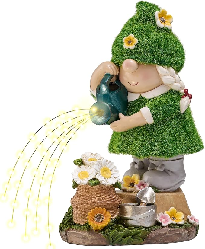 TERESA'S COLLECTIONS Garden Gnome Ornaments with Solar Outdoor Lights for Garden Decor, Lady Gnome Watering Flower Resin Outdoor Christmas Decorations Gifts for Women and Man 7.9"