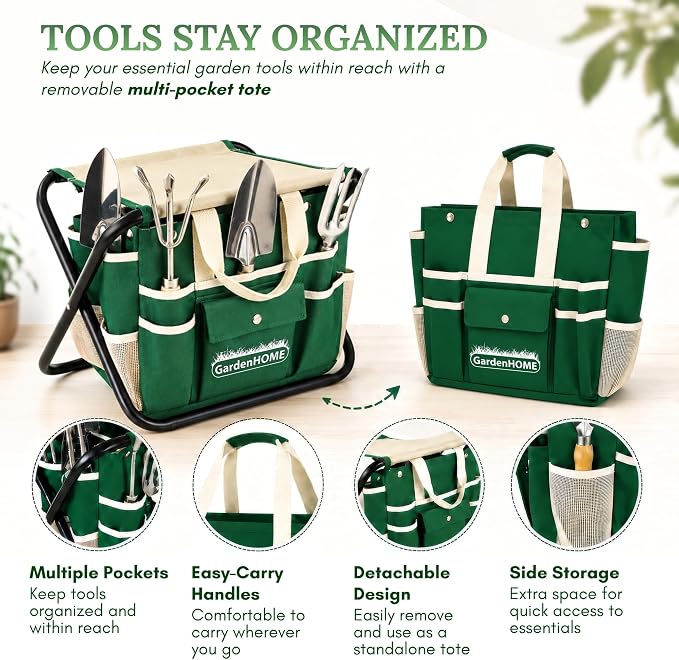 GardenHOME 7-Piece Gardening Tool Set with Folding Stool and Storage Tote Bag, Stainless Steel Garden Tools with Wooden Handles, Garden Kit for Planting, Weeding, Pruning, Yard Work, Gardening Gifts