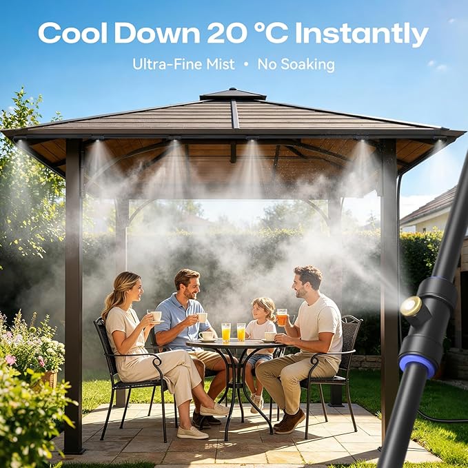 Misters for Outside Patio 50FT/15M, Outdoor Water Misting Cooling System with 15 Brass Nozzles. Backyard Mist Kit for Garden Greenhouse Fan Umbrella Chicken Coop, Dog House
