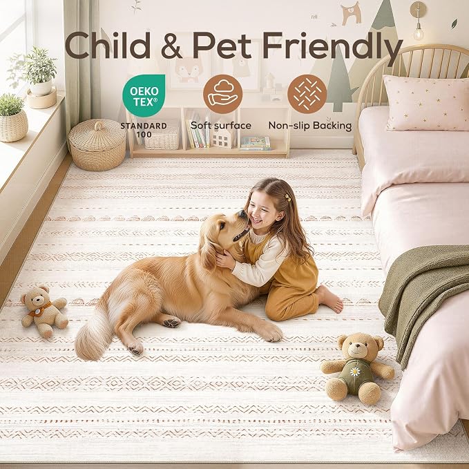 Nakagishi Boho 6x9 Area Rug Living Room Rugs Machine Washable Brown | Soft, Pet & Kid Friendly, Carpet for Living Room/Bedroom/Office/Kitchen/Nursery, Daily Home Decor Stain Resistant Moroccan