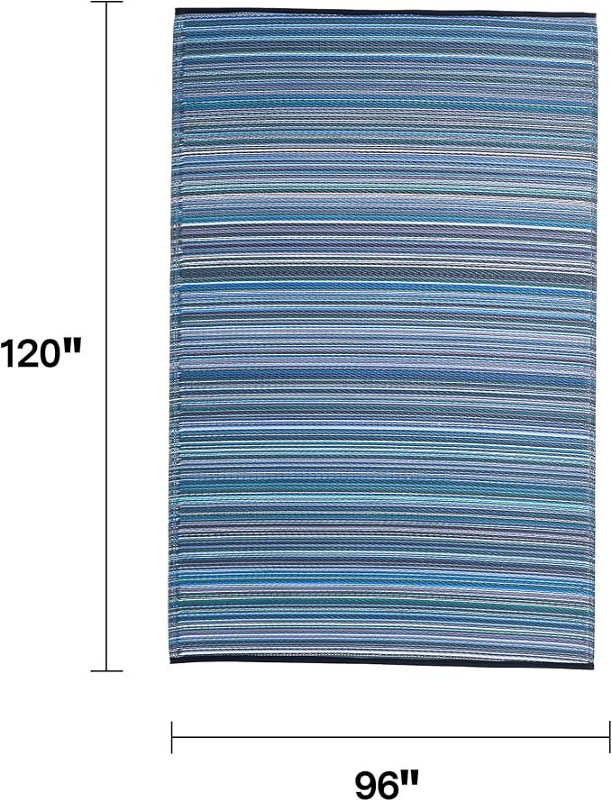 Fab Habitat Striped Outdoor Rug - Waterproof, Fade Resistant, Crease-Free, Reversible - Premium Recycled Plastic - Patio Porch Balcony Deck - Cancun Indigo - 8x10 ft
