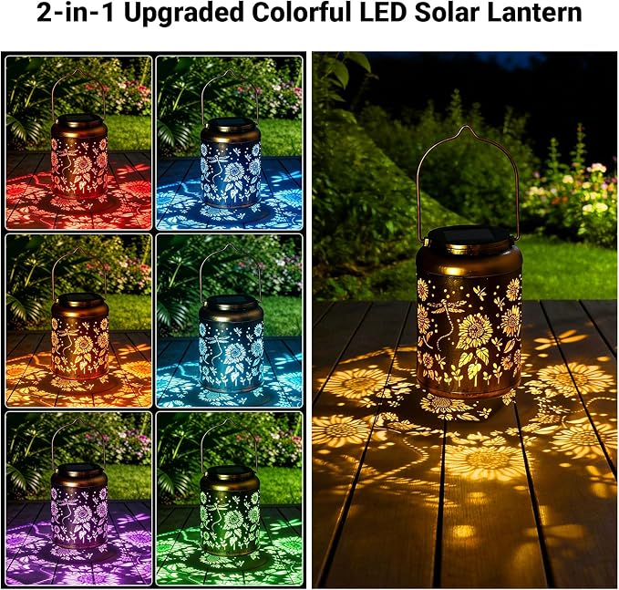2 Pack Dragonfly Solar Lanterns Outdoor Waterproof, Birthday Gifts for Women Mom Grandma Seniors, Metal Hanging Lanterns Decorative Colorful LED Lights for Lawn, Yard, Patio, Backyard, Porch