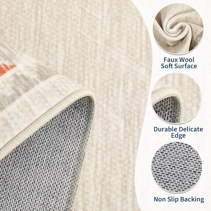 Garvee 2x6 Tribal Border Kitchen Rugs Washable Rugs for Hallway, Beige | Floral Border Area Rug Stain Resistant Easy Cleaning Throw Rugs Low Pile Floor Cover for Bedroom Laundry