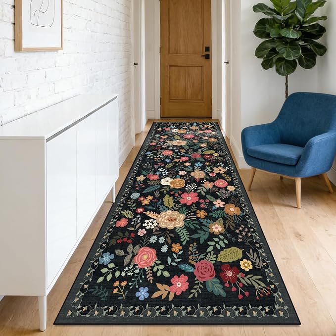 Washable 2' x 6' Runners for Hallways, Non Slip Long Floor Runner for Kitchen, Entryway Indoor, Stain Resistant Rubber Backing Floral Decor Rug (Black)