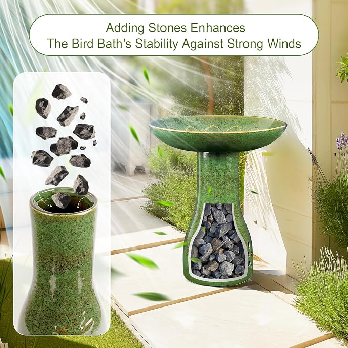 Ceramic Bird Bath for Outdoors, 21.5" Tall Heavy Duty Bird Bath, Outdoor Garden and Patio Décor - Green