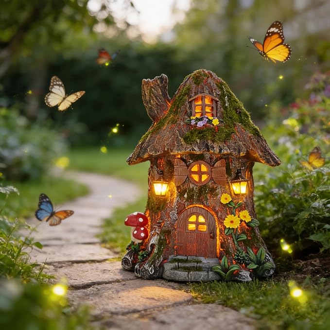 COWOS Solar Powered Mossy Tree House Sculpture with Doors, Windows, Street Lamp & Chimney - LED Outdoor Garden Decor