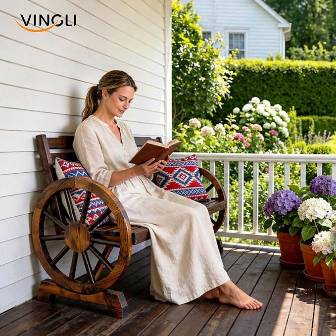 VINGLI Rustic Wooden Wheel Bench Outdoor Bench, Patio Bench Wagon Slatted Seat, Garden Benches for Outdoors 350lbs High Capacity, Weather Resistance (Rustic, 55in)