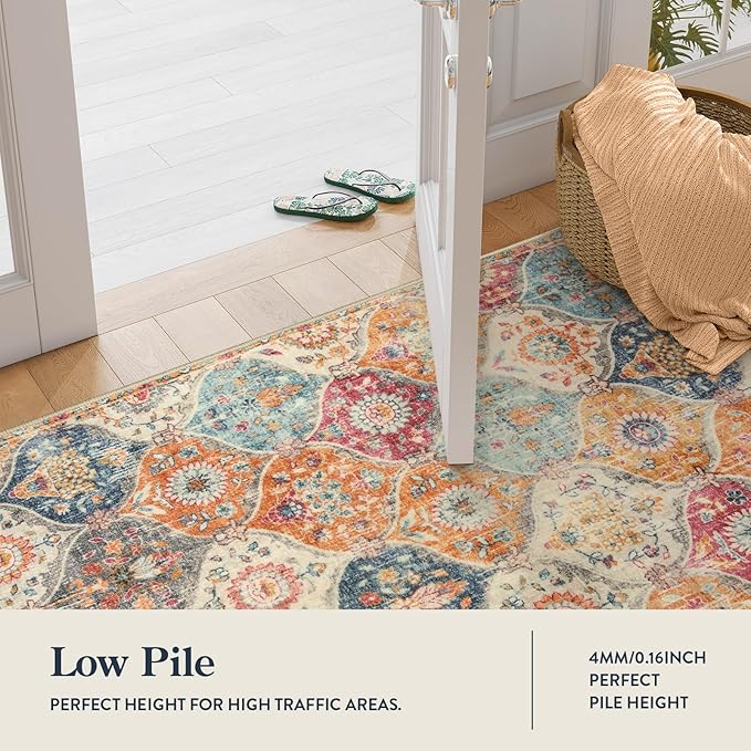 Lahome Moroccan Trellis Hallway Rug, 2x5 Washable Runner Rug Non Slip Kitchen Runners for Hallways, Ultra-Thin Vintage Carpet for Bedroom Bathroom Entryway Elise, Cream/Multi