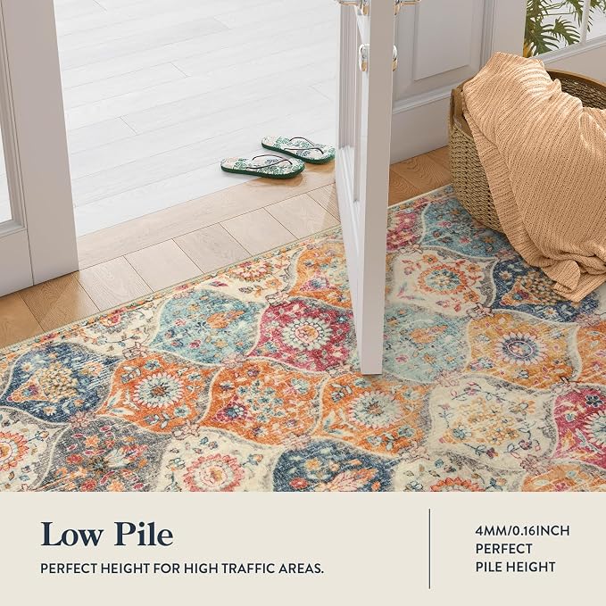 Lahome Moroccan Hallway Runner Rug, 2'5''x8' Ultra-Thin Washable Runners for Hallways Kitchen, Oriental Laundry Room Rug Non-Slip Carpet for Entryway Bedroom Bathroom Elise, Cream/Multi