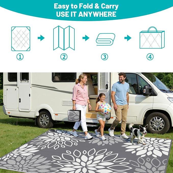 HEBE Waterproof Outdoor Rug 8x10 for Patios, Floral Reversible Plastic Straw Rug Patio Mat, Indoor Outdoor Carpet RV Mat Camping Rug for Deck, Camper, Porch, Balcony, Backyard, Picnic