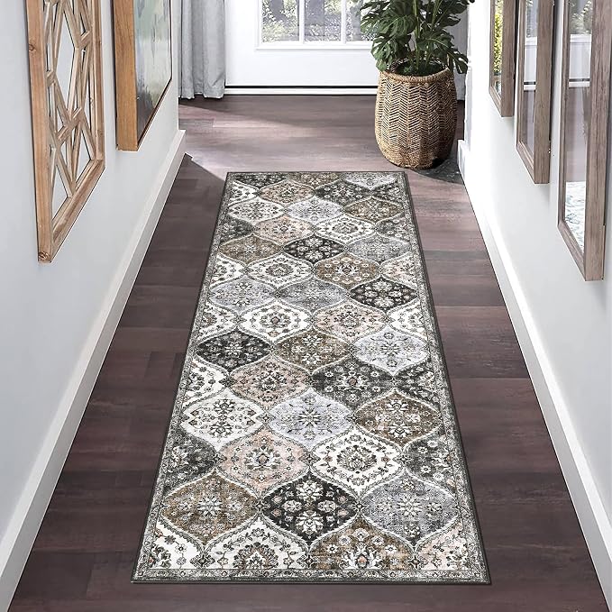 ROYHOME Runner Rug 2x10 Washable Moroccan Hallway Runner Rug, Grey/Taupe | Stain Resistant Non-Slip Floor Cover Vintage Distressed Trellis Entrance Carpet for Laundry Kitchen Entryway Bedroom