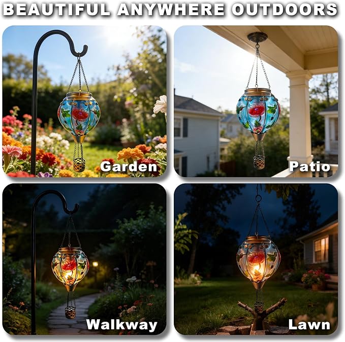 2PCS Solar Hot Air Balloon Flickering Flame Hanging Garden Light with Shepherd's Hooks, 18" H Waterproof Glass Outdoor Lantern for Yard Patio, Mother's Day Gift, Hummingbird