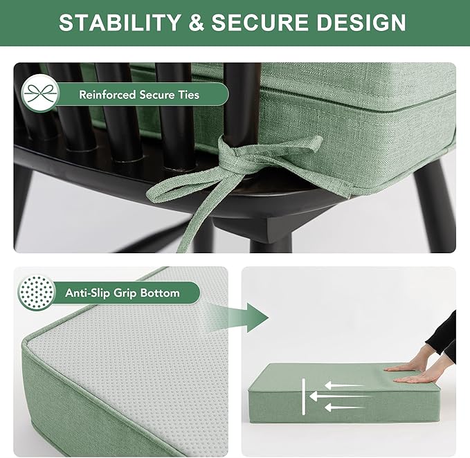Summsun Outdoor Cushions for Patio Furniture, Faux Linen Water Resistant Backrest and Deep Seat Cushion Set with Removable Cover, Ties, Non-Slip Bottom, 22 x 22 Inch, Sage Green, Set of 2