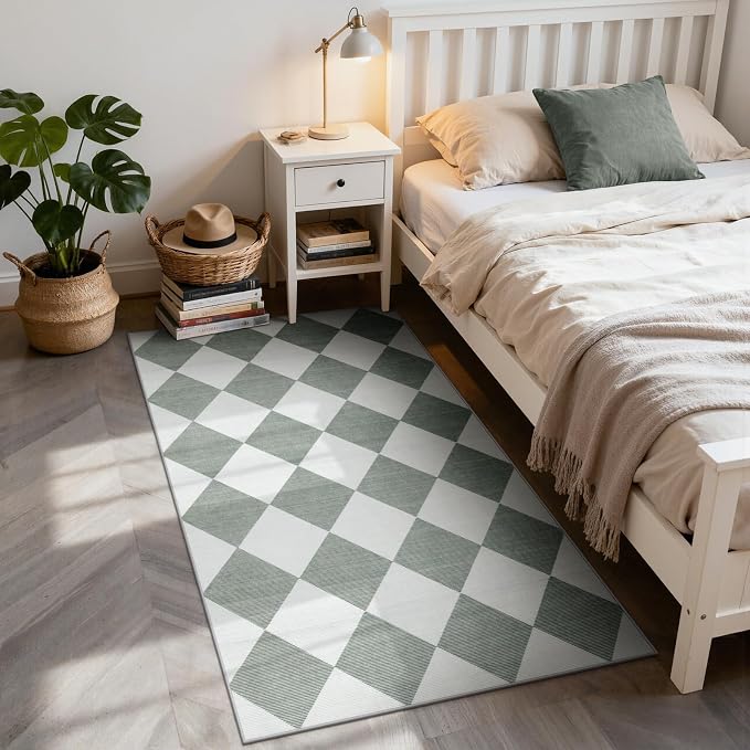 Beeiva Checkered Print 3x5 Washable Rug for Entryway, Non Slip Soft Small Bedroom Rug 3x5 Ultra Thin Moroccan Bathrooom Decor, Gingham Plaid Carpet for Laundry Entry Kitchen Nursery (Green/White)