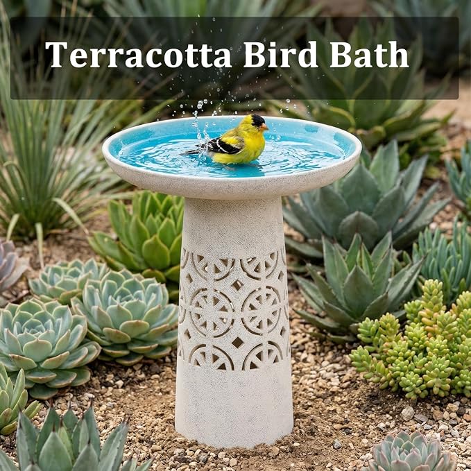 Ceramic Bird Bath for Outside, 18.5 Inch Tall Outdoor Birdbath, Lightweight Aesthetic Hollow Bird Baths with Detachable Large Bowl for Outdoors, Garden, Floor, Balcony, and Lawn