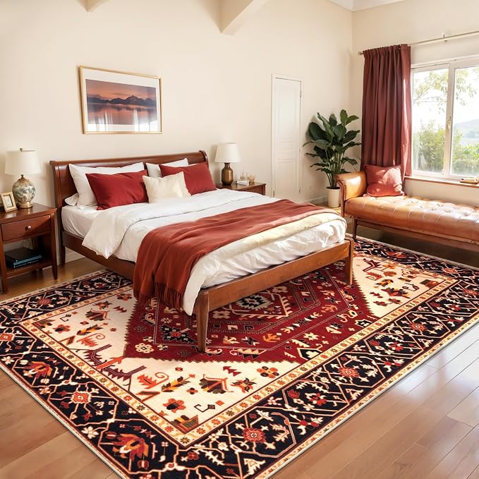 SERISSA 6x9 Washable Non Slip Boho Area Rug for Living Room，Red Black | Ultra Soft Vintage Oriental Carpet Low-Pile Distressed Tribal Throw Carpet for Dining Room Bedroom Dorm Office Home Decor