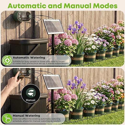 Solar Drip Irrigation System Kit, Auto Watering Kit for 15 Pots, 3W Solar Powered Auto Easy DIY Watering Device,22 Timing Modes with with Anti-Siphoning Device & Buckets and Flower Pots