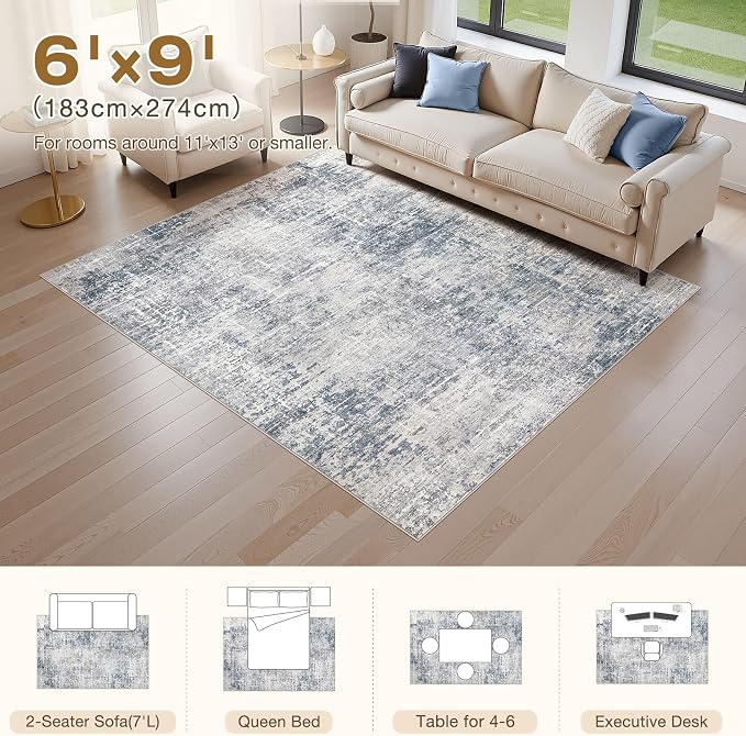 kakania Abstract 6x9 Area Rugs for Living Room: Washable Rugs Blue Grey | Soft, Non-Slip, Low-Pile, Pet & Kid Friendly - Modern Home Decor Carpet for Bedroom/Dining Room/Office/Nursery