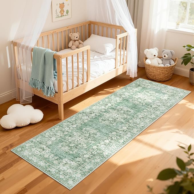 GarveeHome Beige 2x8 Runner Rug for Kitchen Leaf Flower Long Runners | Washable Vintage Distressed Floral Throw Rug for Hallway Low Pile Non-Slip Area Rug for Bathroom Porch Laundry Room