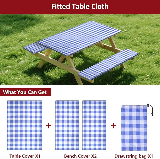 6ft Picnic Table and Bench Cover, Camping Essentials RV Gear, 72in Waterproof Windproof Outdoor Elastic All Around Tablecloth, Fitted Rectangle Tables and Seats, Blue-White Checkered