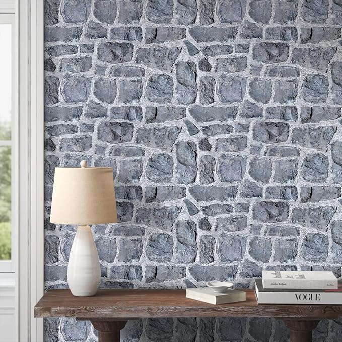 COMSTICKC 3D Gray Stone Wall Panel Peel and Stick,12 Pcs of 22.8" x 11.8", DIY Lightweight PVC Stone Brick Self Adhesive Decorative Tiles Backsplash Interior Decor, Paintable, Covers 22.48 sq.ft