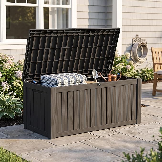 Outdoor Storage Box, 150 Gallon Waterproof Deck Box [Upgraded 3.0], Piston-Assisted Resin Trunk for Sectional Sofa Cushions, High-Capacity Lockable Double Storage Bench, Patio Lounge, Black