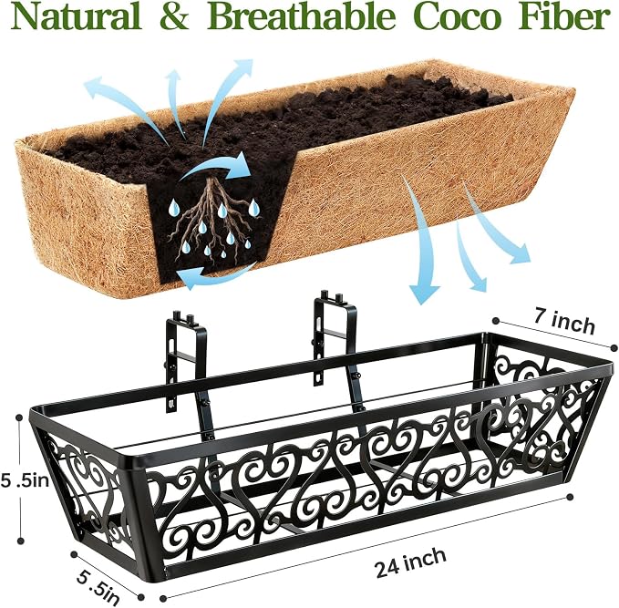 4 Pack 24 Inch Deck Railing Planter Box - Window Boxes Planters with Adjustable Brackets Coco Liners Balcony Planters Railing Hanging for Window Flower Boxes Outdoor Garden Decor