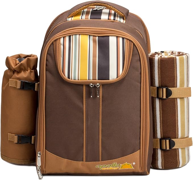 apollo walker Picnic Backpack Bag for 2 Person with Cooler Compartment, Detachable Bottle/Wine Holder, Fleece Blanket, Plates and Cutlery(2 Person, Brown)