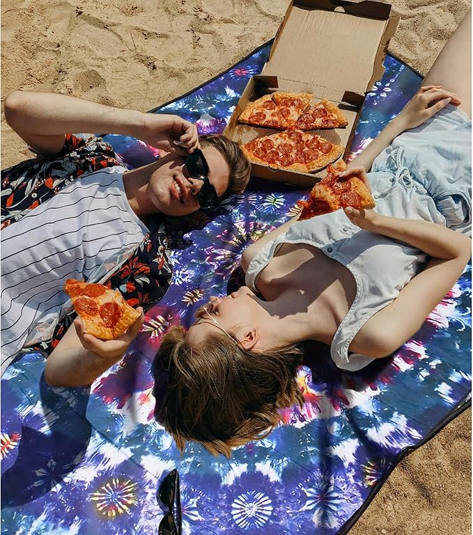 Picnic Blankets Extra Large Waterproof, 80"x 60"Tie-dye Beach Mat with Corner Pockets Windproof Sandproof Foldable Portable 3-Layer Mat Darker for Wet Grass,Parks,Music Festival,Camping,Concerts