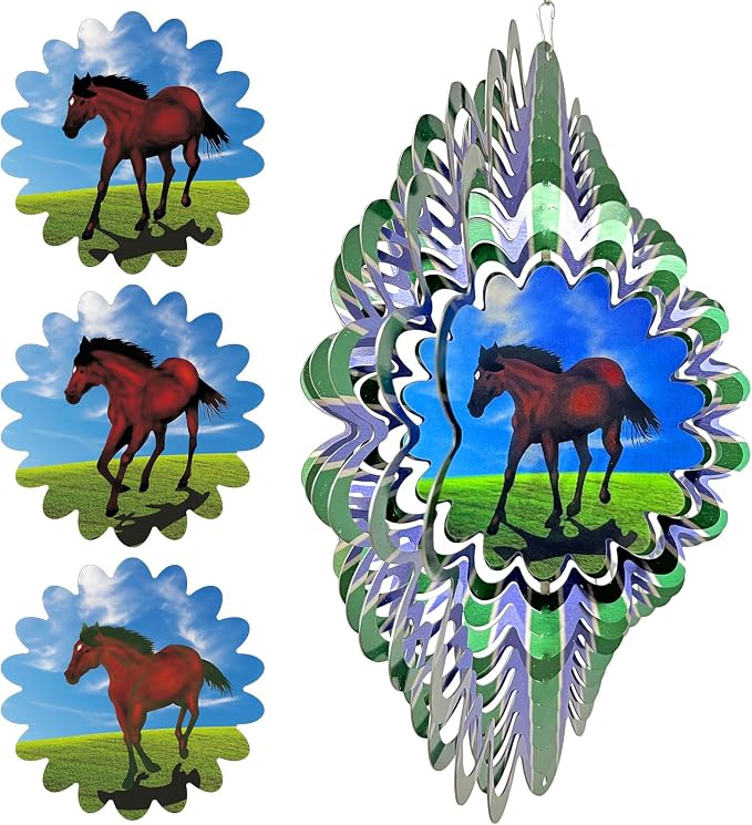 Animated Horse Wind Spinner- 3D Hanging Wind Sculptures & Catcher | 12 Inch Wind Spinners for Yard and Garden, Metal Kinetic Yard Art Outdoor Decor Memorial Gifts for Horse Lover Men Women Dad