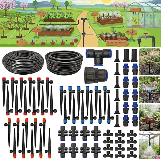 Drip Irrigation System 230FT Quick-Connect Drip Irrigation Kit, Automatic Garden Watering System with 1/4" & 1/2",Adjustable Nozzles & Sprinklers for Garden, Greenhouse, Lawn, Potted Plants