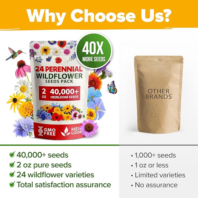 Home Grown Premium Wildflower Seeds Bulk - 60,600+ Perennial Flower Seeds Mix for Planting Outdoors - 24 Variety Wildflower Seed Mix - Attracts Bees, Butterflies & Birds - 2oz Wild Flower Seeds