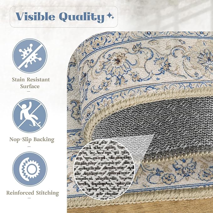 Area Rug 8x10 Washable Rug, Vintage Boho Medallion Rugs Non-Slip Soft Low Pile Large Distressed Rug Indoor Retro Carpet for Living Room Bedroom Dining Room Home Office (BeigeBlue, 8'x10')