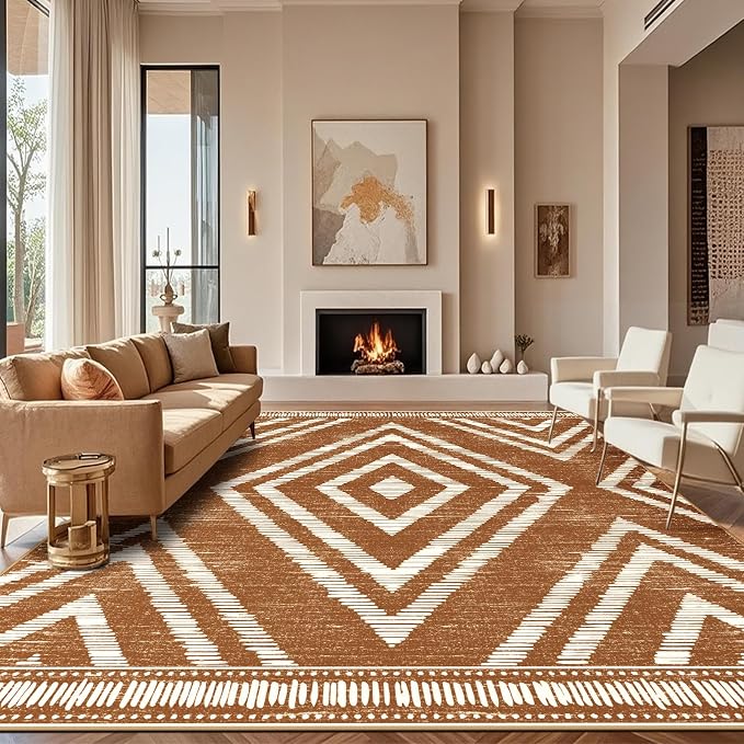 Boho Brown Area Rugs 8x10ft Non Slip, Large Low Pile Washable Rugs for Living Room, Soft Bedroom Area Floor Carpets for Dining Room Kids Nursery Playroom Farmhouse Office