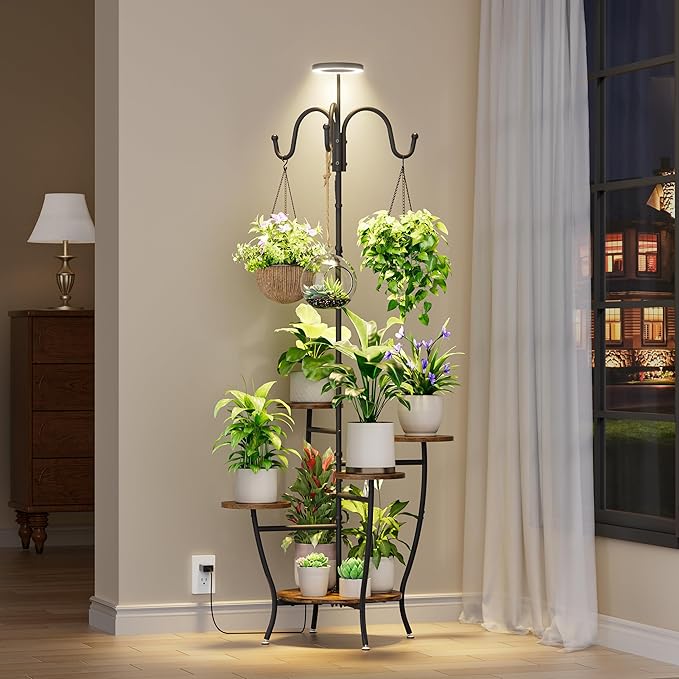 BACEKOLL Plant Stand Indoor with Grow Light - 72" Tall Plant Shelf Indoor, 5 Tiered Corner Plant Stands for Indoor Plants, Hanging Plant Holder Flower Display Holders for Living Room, Balcony Decor