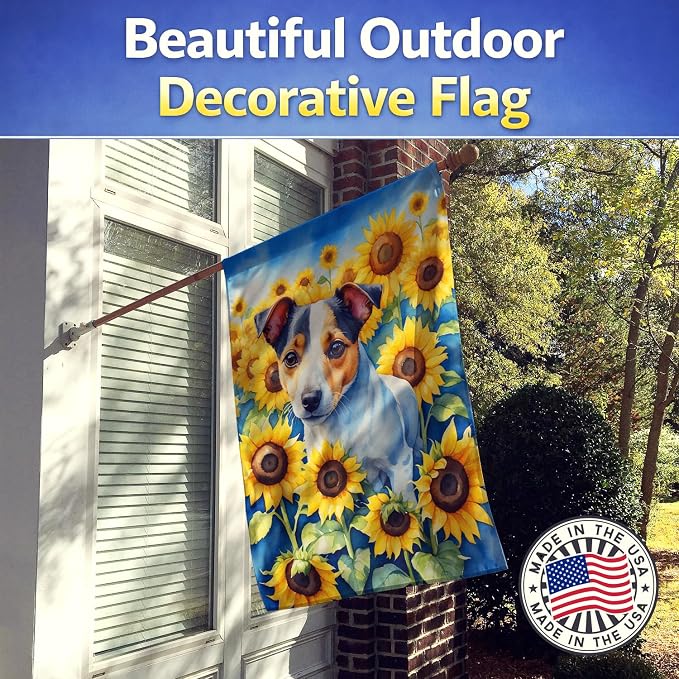Caroline's Treasures DAC6102CHF Jack Russell Terrier in Sunflowers House Flag Large Porch Sleeve Pole Decorative Outside Yard Banner Artwork Wall Hanging, Polyester, House Size, Multicolor