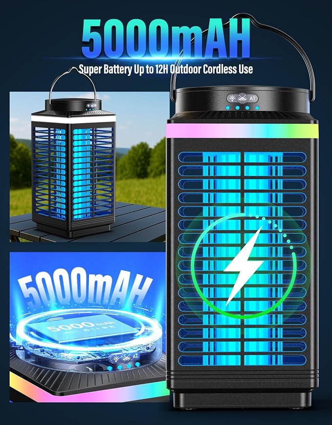 Bug Zapper Outdoor Cordless, 4200V Electric Mosquito Zapper with LED Blue Light, 3 in 1 Portable & Rechargeable Bug Zapper Outdoor Waterproof IP67, Wireless Hanging Fly Zapper for Patio Camping