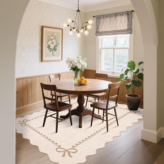 COZYLOOM Washable Kids Room Rug 9x12 Scalloped Rugs for Living Room, Beige | Rubber Backing Modern Bow Print Stain Resistant Non Shedding Low Pile Soft Bordered Area Rug for Dining Room Bedroom Nursery