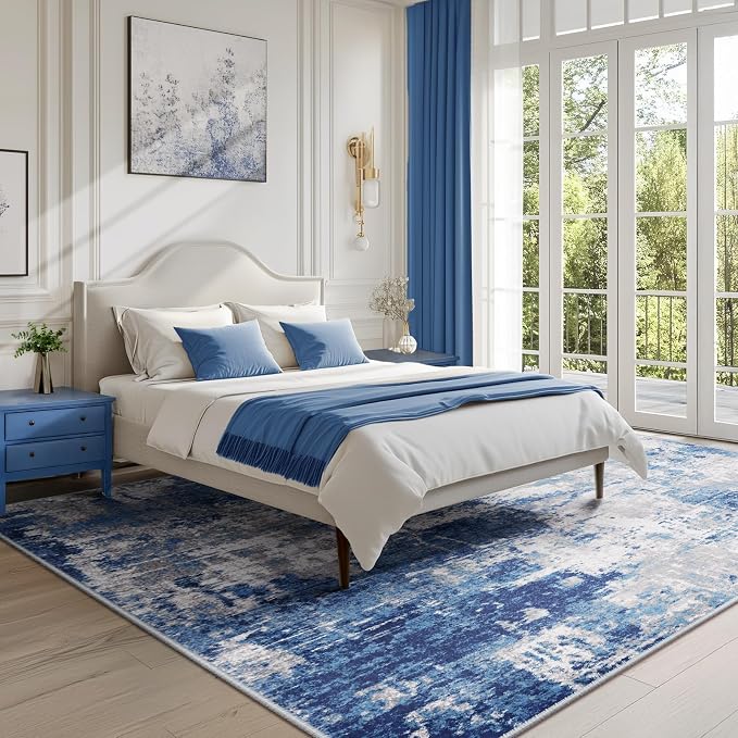 RELEANY Washable 4'x5' Abstract Area Rug for Living Room Blue Gray | Carpet for Bedroom, Kitchen, Office, Hallway and Entryway, Printed Pattern, Non‑Slip, Soft, Stain‑Resistant, Easy to Clean