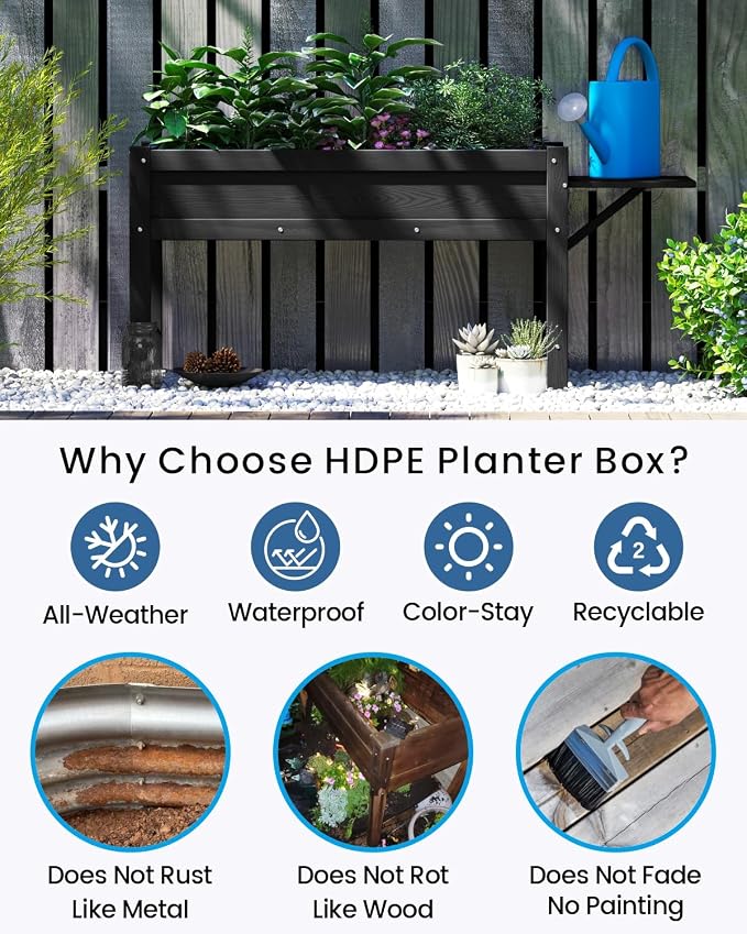 HDPE Raised Garden Bed with Legs, 49x21x27in All-Weather Heavy Duty Planter Box, Outdoor Elevated Garden Bed for Seeds, Herb, Flower, Vegetable (Black)