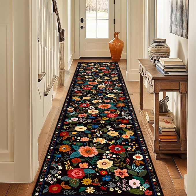 Floral Washable 2x8 Area Rugs Runner Entryway Hallway Black | Flower Carpet, Print, Boho, Non-Slip, Easy to Clean, Low Pile, Soft, for Living Room Bedroom Kitchen Office Entrance