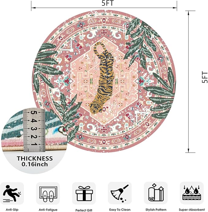 Washable Pink Rugs Thin Oriental Boho Vintage Cute Tropical Leopard 5ft Round Area Rugs for Bedroom Kitchen Dining Living Room Office Indoor Entryway Distressed Nursery Circle Carpet