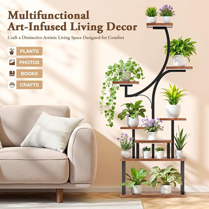 softeen Plant Stand Indoor with 4 Grow Lights & 3 Colors, 8 Tiered Corner Plant Shelf, 63" Tall Plant Stands for Indoor Plants Multiple, Metal Flower Display Shelves Holder for Home(Dark)