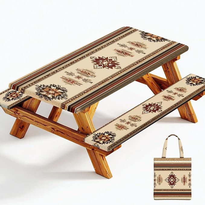 Picnic Table Cover with Bench Covers Elastic Edges, Outdoor Patio Camping Essentials 72 Inch 3PCS, Waterproof Camping Fitted Tablecloth with Handbags (Boho Tribal)