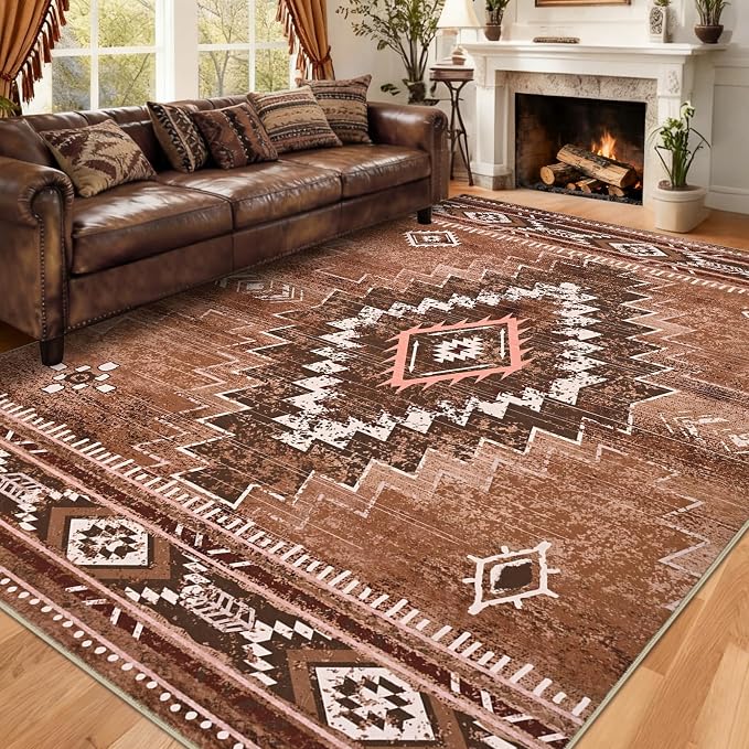 Yinhua Western 8x10 Rug for Living Room, Aztec Washable Rug for Bedroom | Soft Moroccan Large Area Rugs Non-Slip with Rubber Backing, Brown Non-Shedding Carpet for Office Nursery