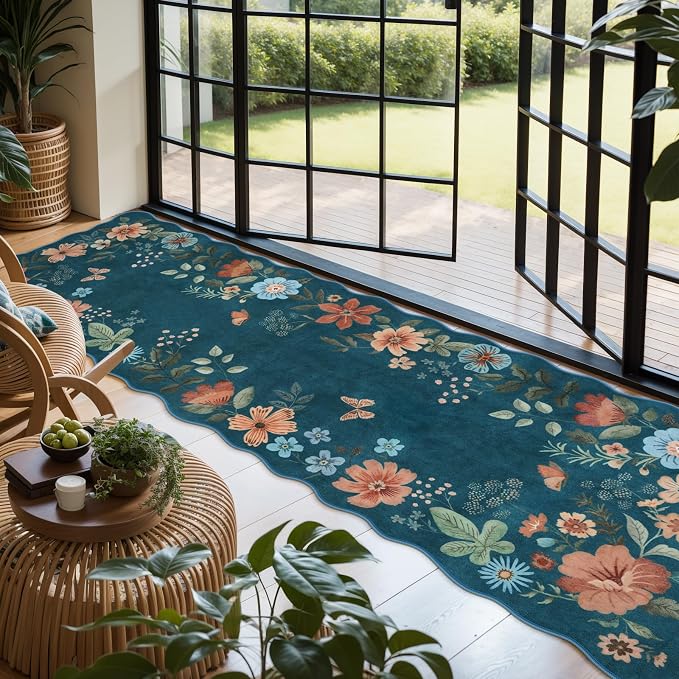 Lahome Floral Washable Runner Rug, 2'6''x8' Soft Hallway Runner Non Slip | Boho Ultra-Thin Kitchen Runners for Hallways with Rubber Backing Carpet for Laundry Bathroom Flore (Navy Blue)