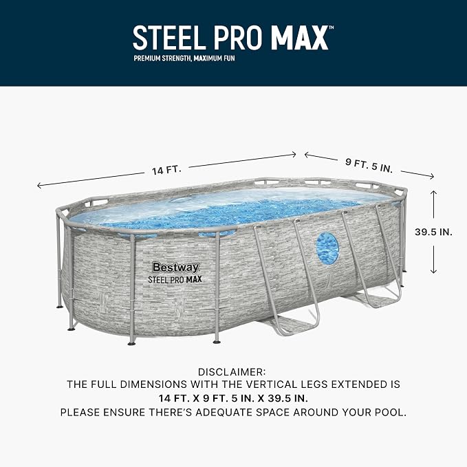 Bestway Steel Pro MAX Splashview 14’ x 8'2" x 39.5” Above Ground Pool, Oval Metal Frame Outdoor Swimming Pool Set with Filter Pump, Ladder, and Cover