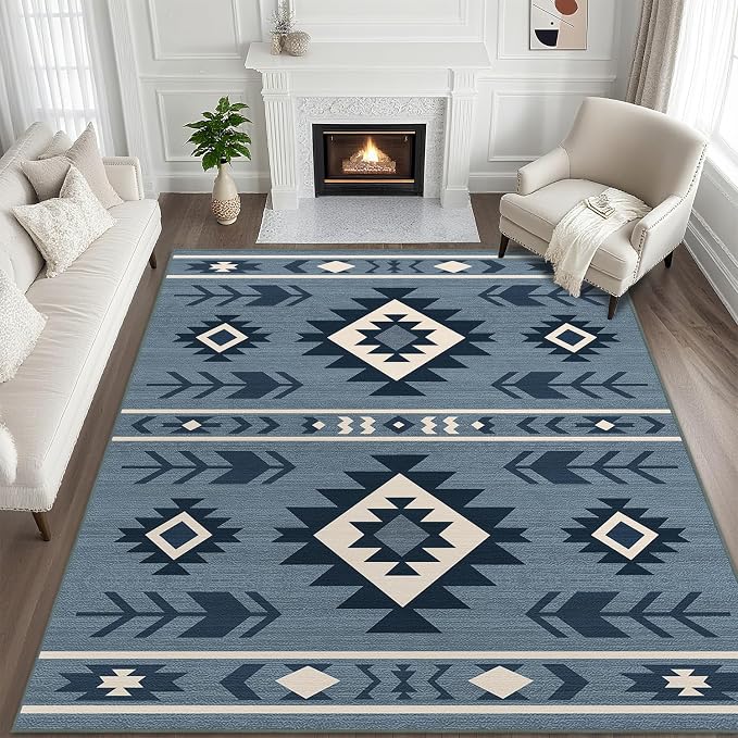 8x10 Area Rug for Living Room Western Rug Southwestern Aztec Tribal Rugs Southwest Navajo Machine Washable Non-Slip Printed Low-Pile Floor Carpet for Bedroom Dining Room Office, Blue